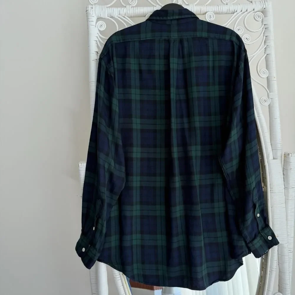 Ralph Lauren Shirt Mens Large Green Blue Tartan Blackwatch Silk Flannel USA Made